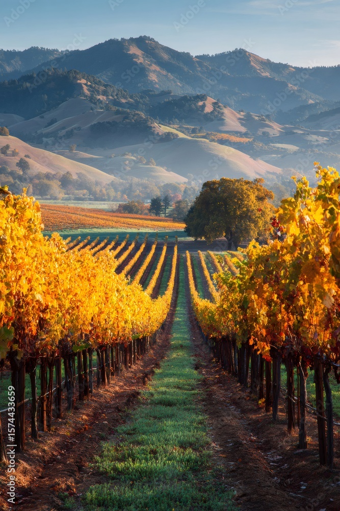 Poster scenic view of vineyard rows with golden leaves in autumn, creating leading lines towards the mounta