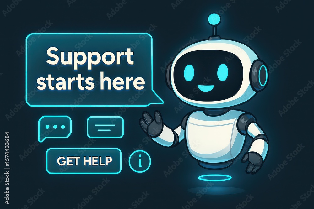 Poster a friendly robot offers support, encapsulated by a glowing message bubble, it is designed to help st