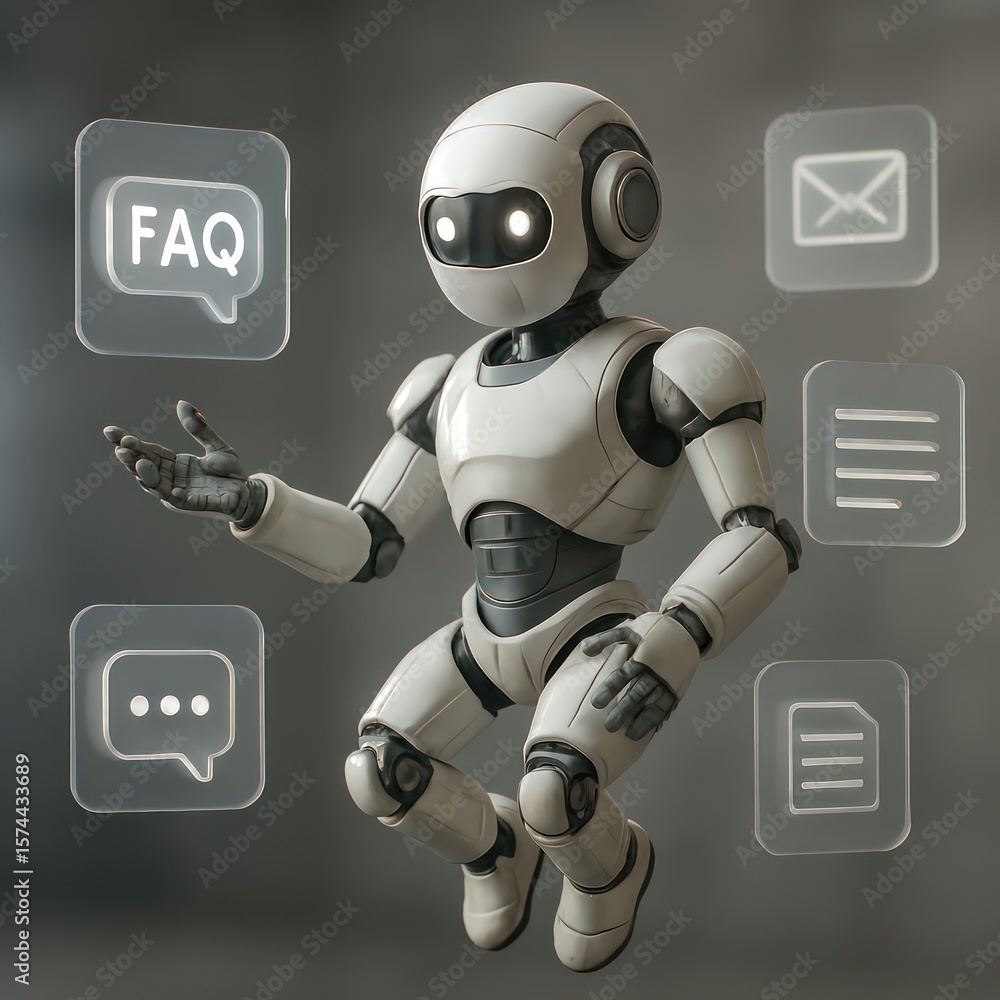 Poster a cutting-edge futuristic robot interacting with digital informational icons, representing the advan