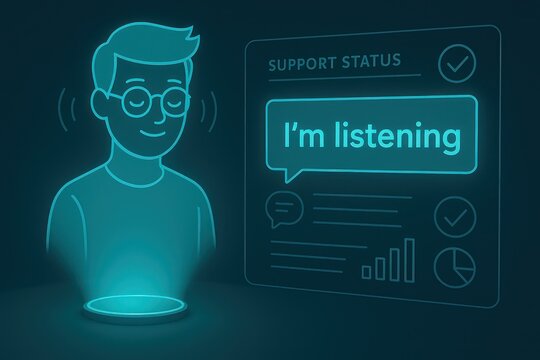 A digital avatar in a virtual world, embodies the essence of attentiveness and responsiveness, surrounded by modern digital interfaces, symbolizing the era of cutting-edge technological innovations.