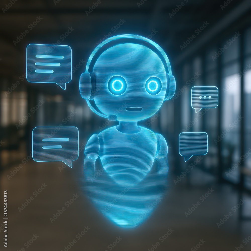 Poster a cutting-edge ai chatbot with an integrated headset, seamlessly interacting with dialogue bubbles w