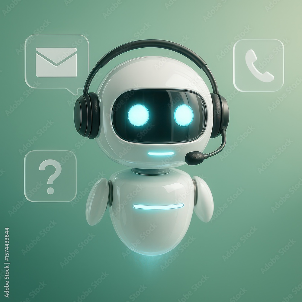 Poster a friendly and modern chatbot representing customer service, adorned with a headset and icons for co