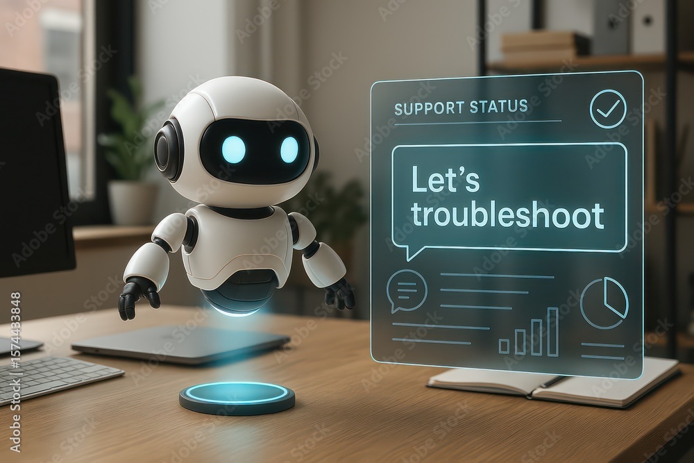 Poster a futuristic robot offering technological support with a digital display, showcasing modern technolo