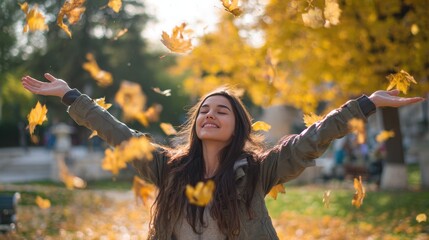 Joyful Woman Enjoying Autumn Leaves Outdoors

