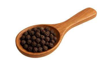 Black peppercorns in wooden spoon isolated on transparent background