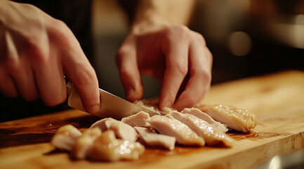 Slicing tender chicken breast on wooden cutting board, showcasing skill of chef in warm kitchen environment