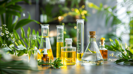 Fototapeta premium Laboratory experiment and research with plants, oil and ingredient for natural beauty.