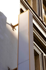 Empty vertical blank white billboard on building facade with architectural details. The billboard...