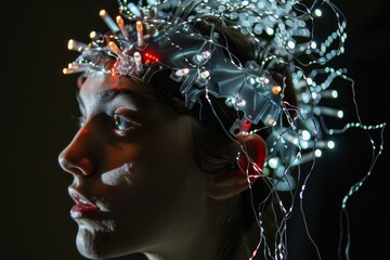 Woman wearing a brain computer interface exploring virtual and augmented reality