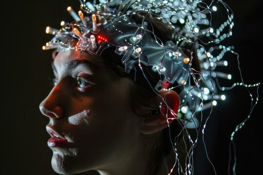 Woman wearing a brain computer interface exploring virtual and augmented reality