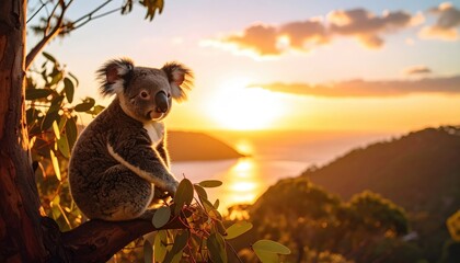 Koala at sunset over a bay (1)