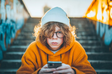 Teen boy with smartphone sitting on stairs outdoors