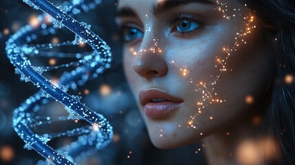 Woman gazes with DNA strand, ethereal glow, representing scientific discovery and future possibilities