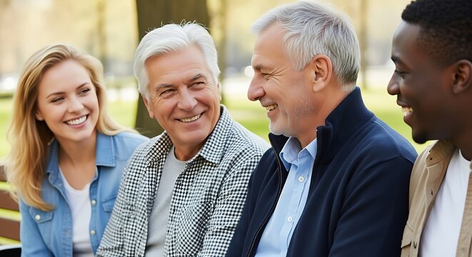 Smiling multi-ethnic diverse group enjoying conversation outdoors on a sunny day.