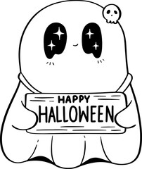 A cute Ghost with Halloween Sign Line Art