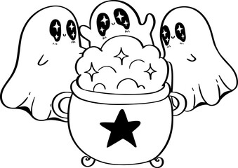 Witch Ghosts Around Cauldron Line Art
