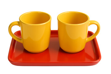 Bright yellow mugs on vibrant red tray isolated on transparent background