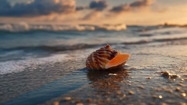 Late afternoon beach scene with shell on the shoreline