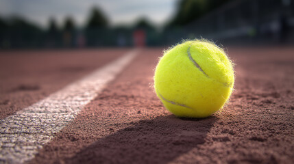 A close-up of a bright yellow tennis ball resting on a clay court. The court surface is reddish-brown with a white line marking the boundary.