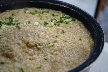 Korean Abalone Porridge Simmering in Large Pot. Traditional Healthy Meal