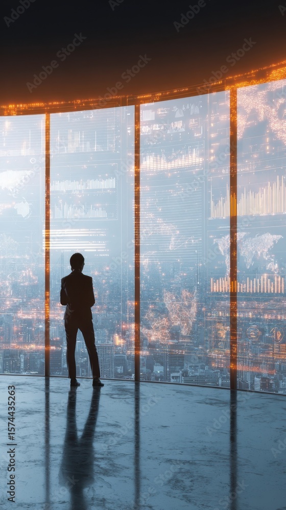 Poster an executive navigating a vibrant digital platform integrated with realtime data analytics set again