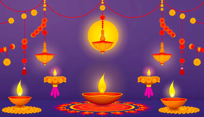 illustration of a Diwali oil lamp with glowing light and traditional decorative hanging lanterns
