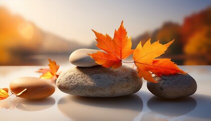 captivating autumn leaves on smooth stones nature background aesthetic minimalism