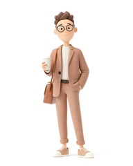 3D cartoon male CEO holding coffee cup and smiling confidently, isolated white background