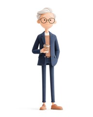 3D cartoon male CEO holding coffee cup and smiling confidently, isolated white background