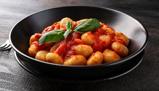 black bowl of gnocchi with tomato sauce and basil