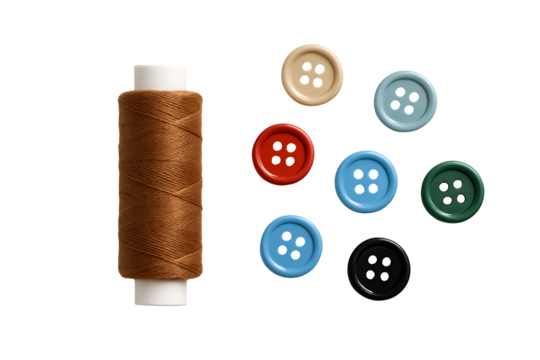 Brown Thread Spool and Colorful Buttons Isolated on Transparent Background