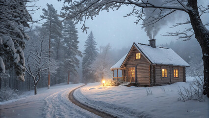 Cozy wooden log cabin in snowy forest with glowing windows at dusk winter