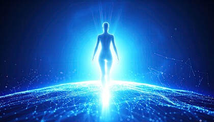 Digital figure walks on a glowing planet