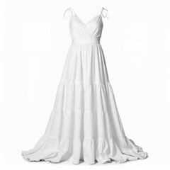 Elegant flowing white dress with delicate shoulder straps, a garment on white background