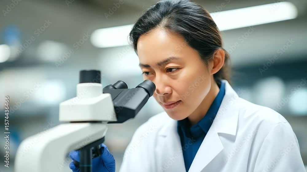 Poster asian female scientist examining samples with a microscope in a laboratory setting.