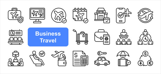 Business Travel editable stroke icon set, with Flight, Itinerary, Booking, Meeting, Expenses, Airport, Luggage.