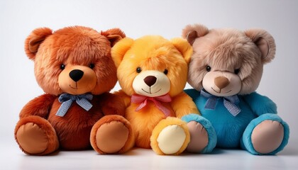 soft plush teddy bears in various colors arranged together on a white background