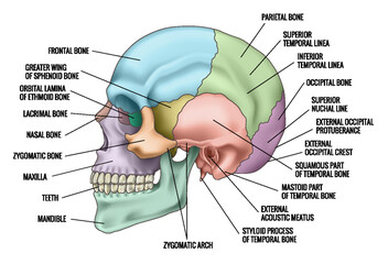 Human skull bones anatomy. Cranial colored parts structure. Outline sutures. Zygomatic, nasal, maxilla, temporal lacrimal mandible frontal parietal occipital. Brain protection. Vector illustration