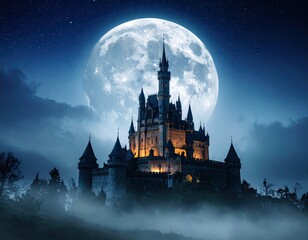 Majestic castle at night under a full moon