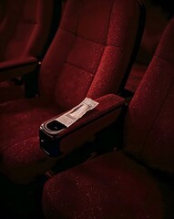 Obraz premium Torn movie ticket stub resting on armrest in empty theater seats 