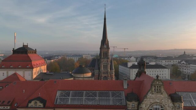 Aerial view Petrikircke in Chemnitz, Saxony, Germany. Beautiful Church in a Soft Morning light, empty streets in Autumn.