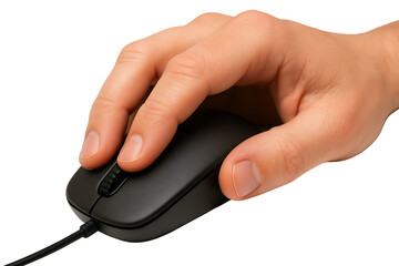 Hand using wired black computer mouse isolated on transparent background