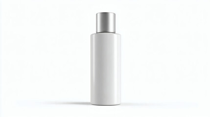 A clean, minimalistic shot of a white cosmetic bottle with a silver cap on a white background.