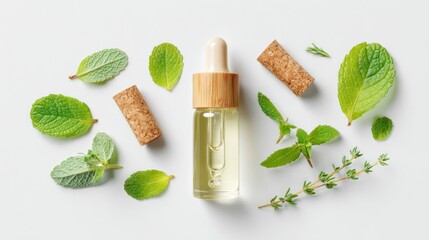 Flat lay of essential oil with fresh herbs