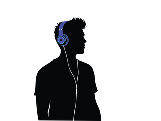 silhouette of a man listening to music from headphones isolated with white background