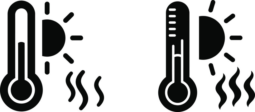 Two thermometer icons indicating high temperatures with sun and heat waves isolated on white background
