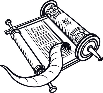 black and white torah scroll and shofar clip art preview