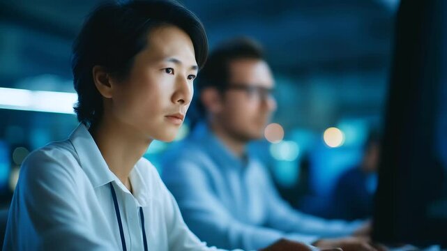 A team of software engineers collaboratively tackling AI challenges in a modern development office.