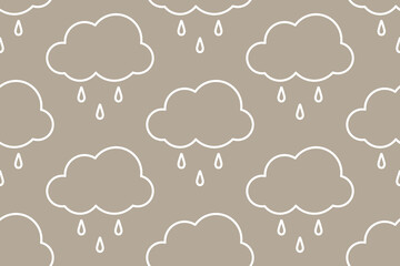 Clouds with rain drops on a beige background. White outline drawing. Seamless pattern under clipping mask, convenient for editing. Background for paper, textile, packaging.