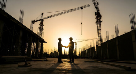 Construction workers handshake sunset